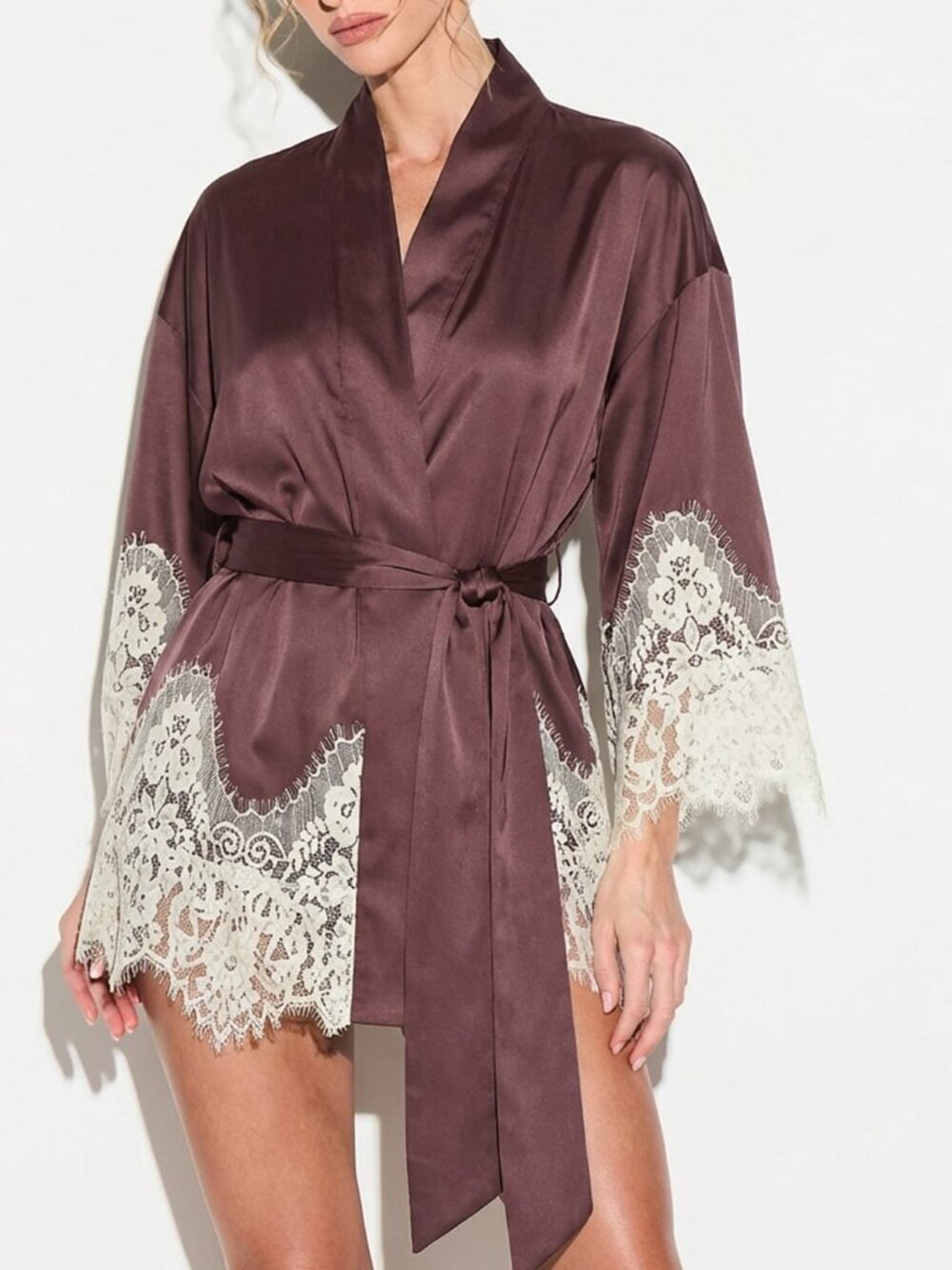 Brown Sexy Women's lace eyelash Trim and Belt Tie Closure Satin Night Robe